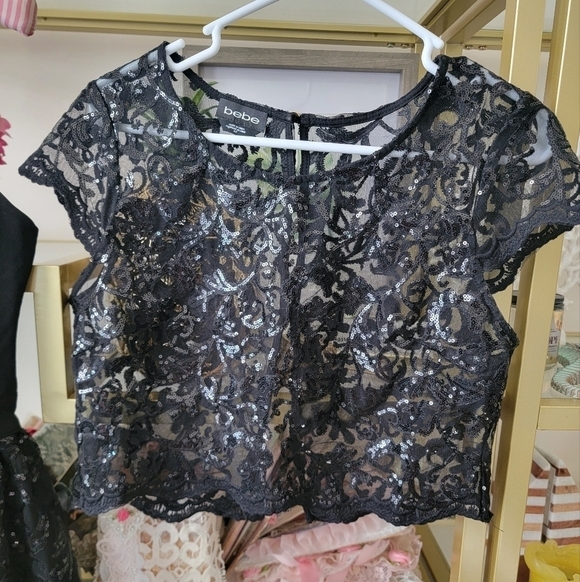 Bebe Black Sequin Two Piece Spaghetti Strap Christmas Dress Womens Size S/P - Picture 8 of 14